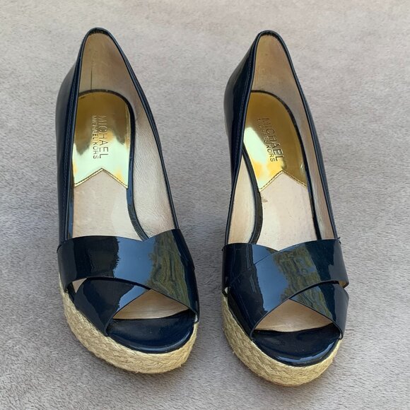 MICHAEL Michael Kors Navy Blue Leather Patent Espadrille Wedges Sz8 - Picture 4 of 16